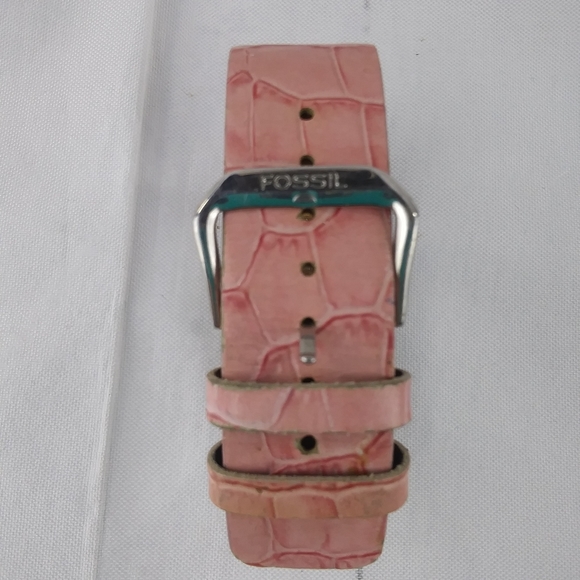 Vtg Fossil Mother Pearl Rhinestone Pink Croc Embossed Leather Wristband Barbie - Picture 3 of 5